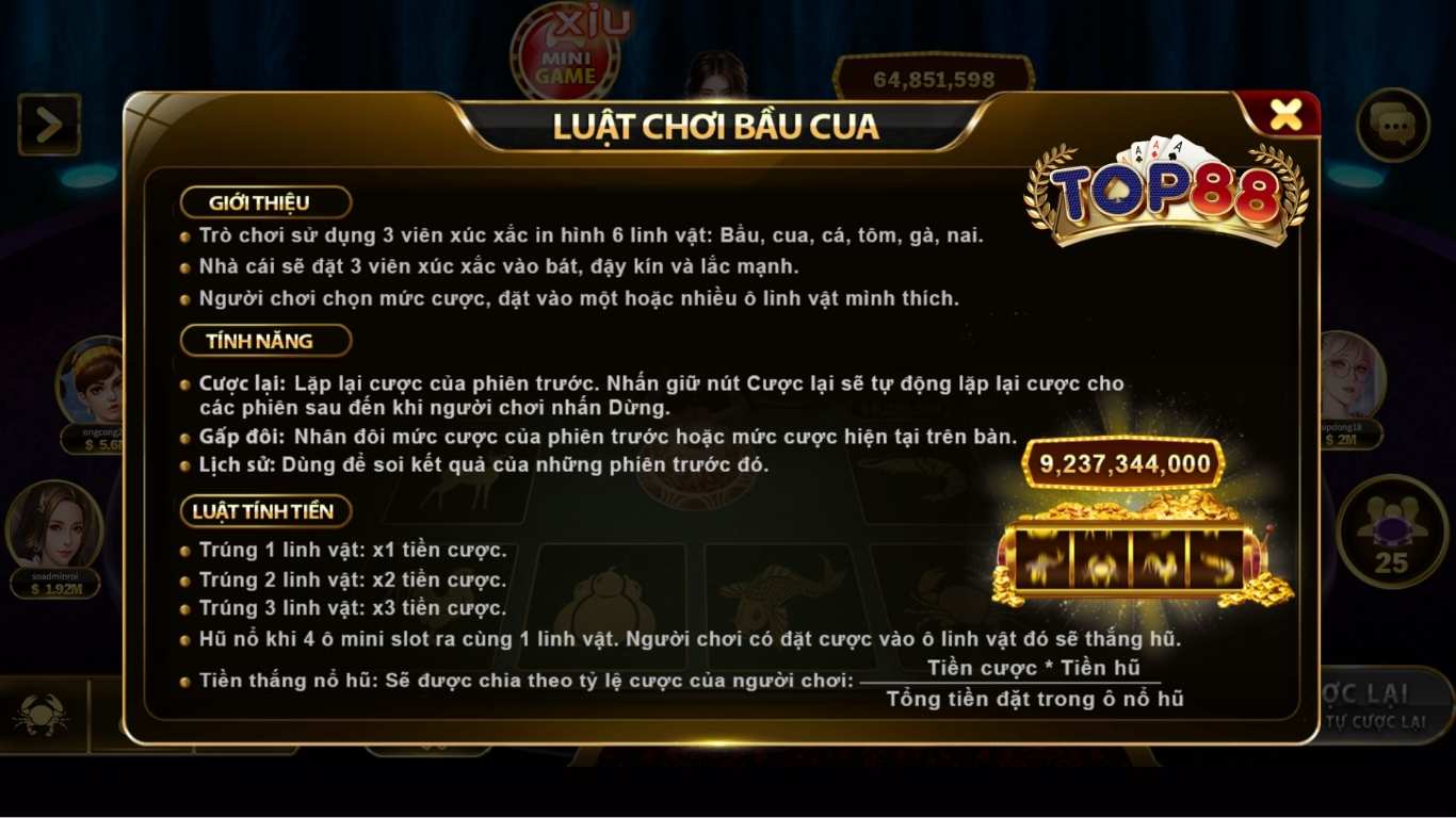 Luật chơi game bầu cua Top88 chi tiết