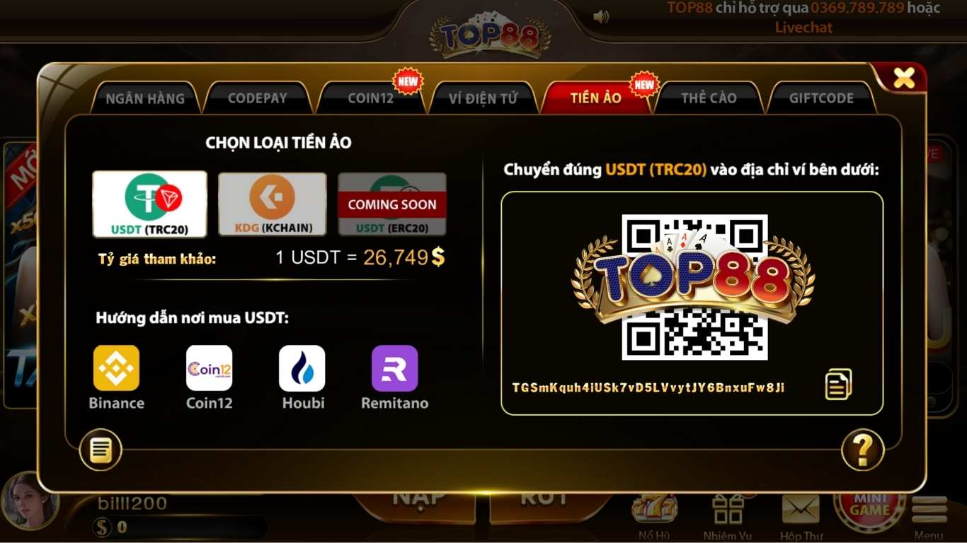 Nạp tiền Top88 bằng tiền ảo (USDT, TRC20)